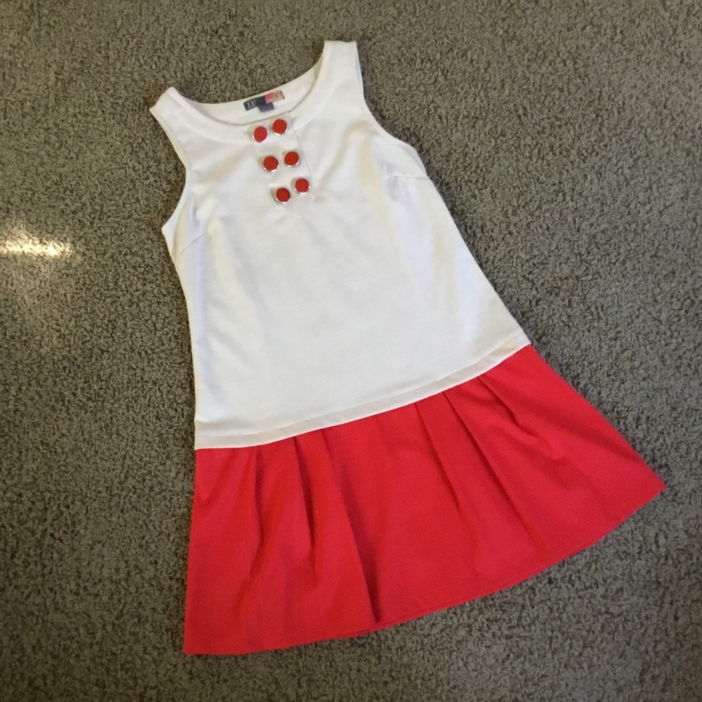 Vintage Women’s Sleeveless Orange & Beige Mod Drop-Waist Dress, Y2K does 1960’s